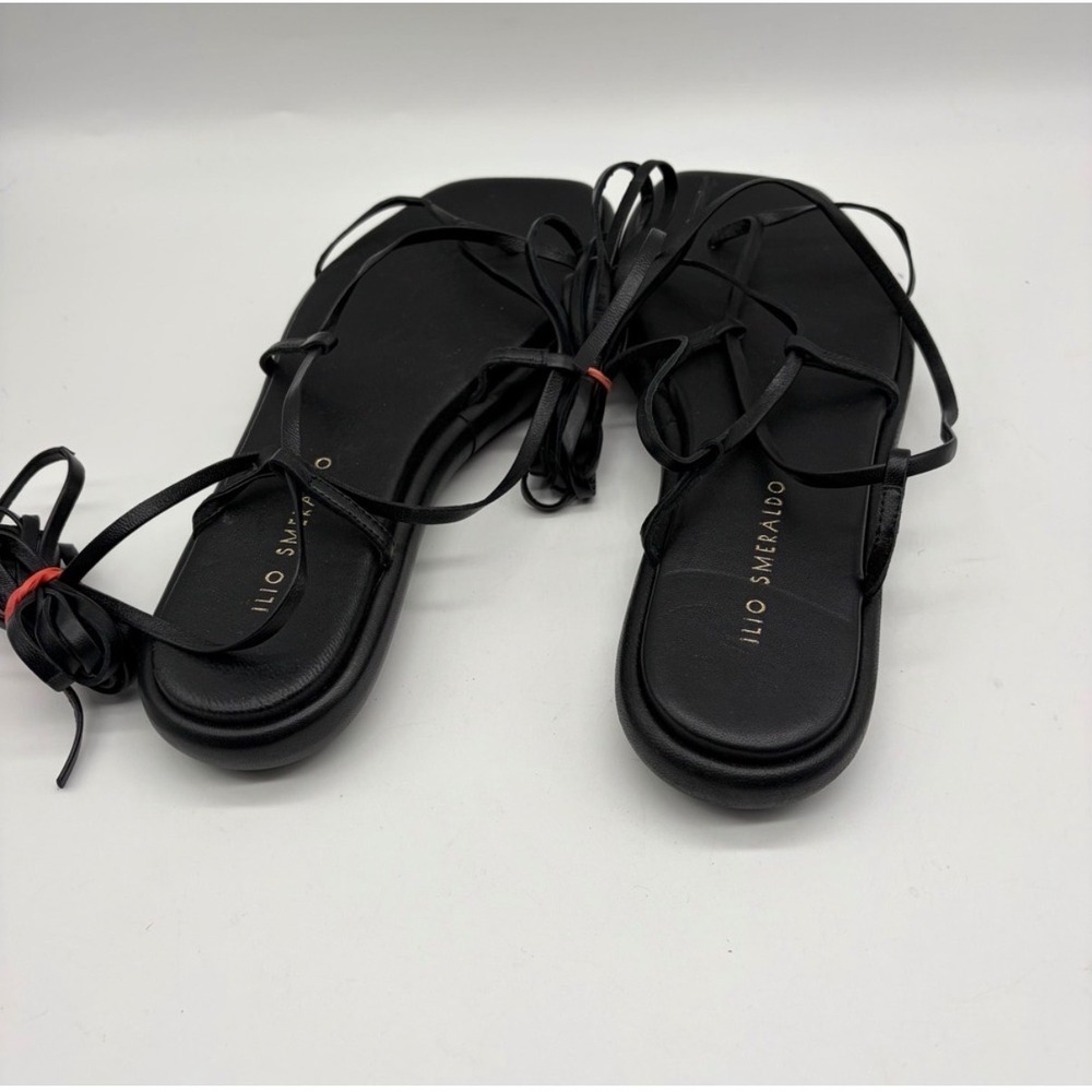 Ilio Smeraldo Sandals Womens 37 Black Leather Lace Up Gladiator Square Toe Italy - Picture 9 of 9